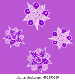 Vector seamless pattern of stylized floral motif, flowers, hole, spots, doodles on violet background. Hand drawn. Seamless floral background.