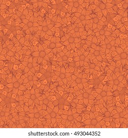 Vector seamless pattern of stylized floral motif, flowers, hole, spots, doodles in orange colors. Hand drawn. Seamless floral background.