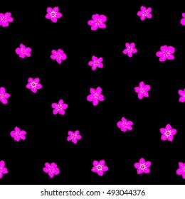 Vector seamless pattern of stylized floral motif, many small flowers, hole, spots on black background. Hand drawn small purple flowers. Seamless floral background in purple colors.