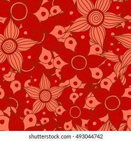 Vector seamless pattern of stylized floral motif, flowers, hole, spots, doodles in red colors. Hand drawn. Seamless floral background.