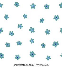 Vector seamless pattern of stylized floral motif, many small flowers, hole, spots on white background. Hand drawn small blue flowers. Seamless floral background in blue colors.