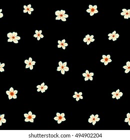 Vector seamless pattern of stylized floral motif, many small flowers, hole, spots on black background. Hand drawn small beige flowers. Seamless floral background in beige colors.
