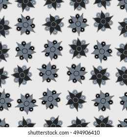 Vector seamless pattern of stylized floral motif, flowers, hole, spots, doodles on gray background. Hand drawn. Seamless floral background.