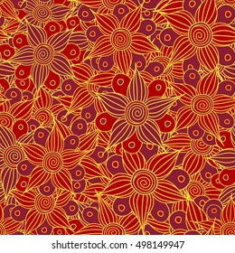 Vector seamless pattern of stylized floral motif, flowers, hole, spots, doodles in red colors. Hand drawn. Seamless floral background.