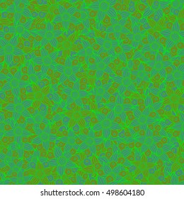Vector seamless pattern of stylized floral motif, flowers, hole, spots, doodles in green colors. Hand drawn. Seamless floral background.