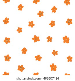 Vector seamless pattern of stylized floral motif, many small flowers, hole, spots on white background. Hand drawn small orange flowers. Seamless floral background in orange colors.