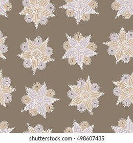 Vector seamless pattern of stylized floral motif, flowers, hole, spots, doodles on gray background. Hand drawn. Seamless floral background.