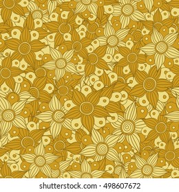 Vector seamless pattern of stylized floral motif, flowers, hole, spots, doodles in yellow colors. Hand drawn. Seamless floral background.