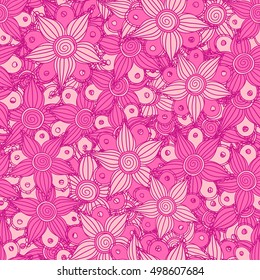 Vector seamless pattern of stylized floral motif, flowers, hole, spots, doodles in magenta and pink colors. Hand drawn. Seamless floral background.