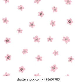 Vector seamless pattern of stylized floral motif, many small flowers, hole, spots on white background. Hand drawn small pink flowers. Seamless floral background in pink colors.
