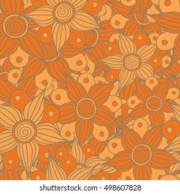 Vector seamless pattern of stylized floral motif, flowers, hole, spots, doodles in orange colors. Hand drawn. Seamless floral background.
