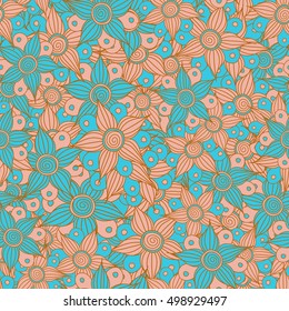 Vector seamless pattern of stylized floral motif, flowers, hole, spots, doodles in blue and orange colors. Hand drawn. Seamless floral background.