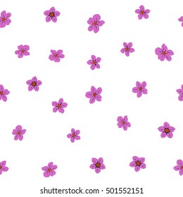Vector seamless pattern of stylized floral motif, many small flowers, hole, spots on white background. Hand drawn small violet flowers. Seamless floral background in violet colors.