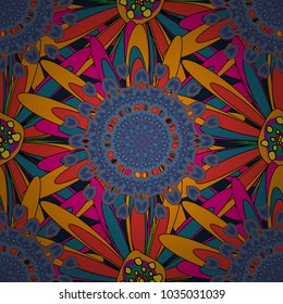 Vector seamless pattern with stylized flowers. Beautiful floral background in yellow, blue and violet colors. Can be used for textile, book cover, packaging, wedding invitation.