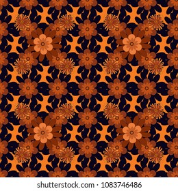 Vector seamless pattern with stylized flowers. Beautiful floral background in orange, brown and black colors. Can be used for textile, book cover, packaging, wedding invitation.