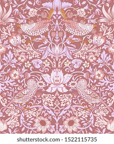 Vector seamless pattern with stylized flowers and birds. Blossom garden with birds and plants. Light floral wallpaper. Design for fabric, textile, wallpaper, cover.
