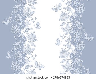 Vector seamless pattern with stylized flowers, leaves and butterflies. Floral lace background, greeting card.