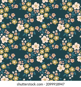 Vector seamless pattern with stylized flowers in trending color.  Stylish background with tiny wild flowers. Floral pattern for fabric, dress, textile, wrapping paper, etc.