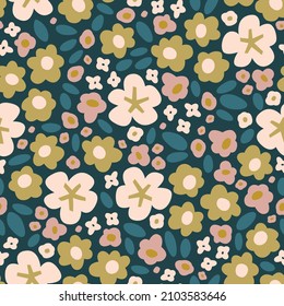 Vector seamless pattern with stylized flowers in trending color.  Stylish background with tiny wild flowers. Floral pattern for fabric, dress, textile, wrapping paper, etc.