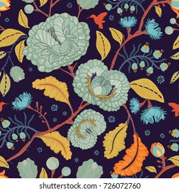 Vector seamless pattern with stylized flowers and plants. Decorative style. Hand drawn floral wallpaper. Floral backdrop