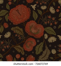 Vector seamless pattern with stylized flowers and plants. Decorative style. Hand drawn floral wallpaper. Floral backdrop