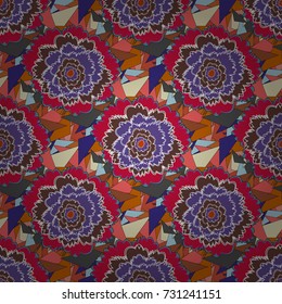 Vector seamless pattern with stylized flowers. Beautiful floral background in violet, red and brown colors. Can be used for textile, book cover, packaging, wedding invitation.