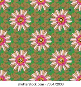 Vector seamless pattern with stylized flowers. Beautiful floral background in green, pink and beige colors. Can be used for textile, book cover, packaging, wedding invitation.