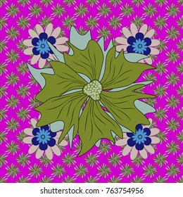 Vector seamless pattern with stylized flowers. Beautiful floral background in magenta, green and neutral colors. Can be used for textile, book cover, packaging, wedding invitation.