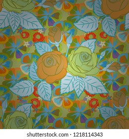 Vector seamless pattern with stylized green, blue and orange roses. Square composition with abstrct vintage roses.