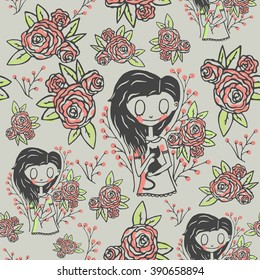 Vector seamless pattern. Stylized hand drawn girl with flowers and cat. Seamless pattern can be used for wallpaper, pattern fills, web page, background, surface textures