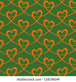 Vector seamless pattern with stylized hearts of red ribbons. Christmas holiday green decorative graphic background of greeting, invitation. Simple drawing ornamental cute illustration for print, web
