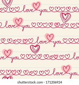 Vector seamless pattern with stylized hearts of doodles, amorous lettering Love You on sheet of notebook. Romantic vintage decorative background Valentine's Day, wedding  in hand drawn sketch style
