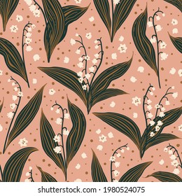 Vector seamless pattern of stylized lilies of the valley on a pink background