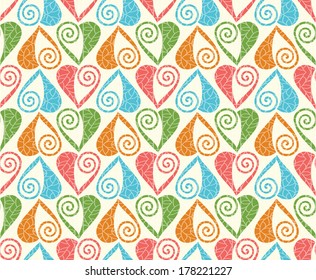 Vector seamless pattern with stylized linear hearts of stitching. Colorful polka dot background Valentines Day's and wedding. Romantic ornamental abstract illustration for fabric, paper, web and print