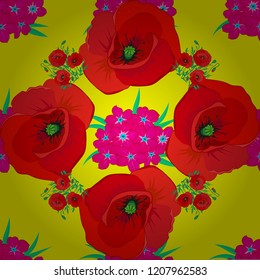 Vector seamless pattern with stylized magenta, red and yellow poppies. Square composition with abstrct vintage multicolored poppies.