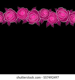 Vector seamless pattern of stylized magenta, white and neutral roses with copy space (place for your text). Horizontal rose watercolor flower illustration.