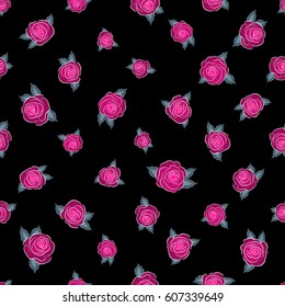 Vector seamless pattern with stylized magenta and blue roses on a black background. Square composition with abstrct vintage roses.