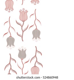 Vector seamless pattern with stylized neutral, gray and pink tulips vertical on a white background. Square composition with abstrct vintage tulips.