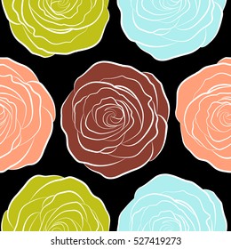 Vector seamless pattern of stylized neutral, yellow and orange roses. Rose watercolor flower illustration.