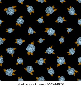Vector seamless pattern with stylized neutral and yellow roses on a black background. Square composition with abstrct vintage roses.