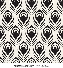 Vector seamless pattern with stylized peacock feather. Monochrome elegant background