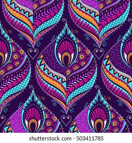 Vector seamless pattern with stylized peacock feathers. Ethnic colorful  doodle texture. Tracery abstract vector background. Wallpaper, cloth design, fabric, paper, textile template. Hand drawn