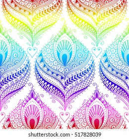 Vector seamless pattern with stylized peacock feathers. Ethnic rainbow color doodle texture. Tracery abstract vector background. Wallpaper, cloth design, fabric, paper, textile template. Hand drawn