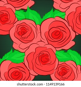 Vector seamless pattern with stylized pink, green and orange roses. Square composition with abstrct vintage roses with green leaves.