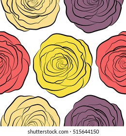 Vector seamless pattern of stylized pink, yellow and violet roses. Rose watercolor flower illustration.