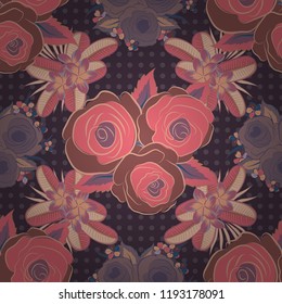 Vector seamless pattern with stylized purple, beige and pink roses. Square composition with abstrct vintage roses.