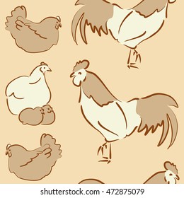 Vector seamless pattern of stylized rooster, hen, cock, chicken with hole and spots on colored background. Hand drawn. Colorful seamless cock and hen background.