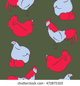 Vector seamless pattern of stylized rooster, hen, cock, chicken with hole and spots on colored background. Hand drawn. Colorful seamless cock and hen background.