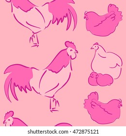 Vector seamless pattern of stylized rooster, hen, cock, chicken with hole and spots on colored background. Hand drawn. Colorful seamless cock and hen background.