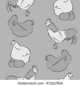 Vector seamless pattern of stylized rooster, hen, cock, chicken with hole and spots on colored background. Hand drawn. Colorfil seamless cock and hen background.